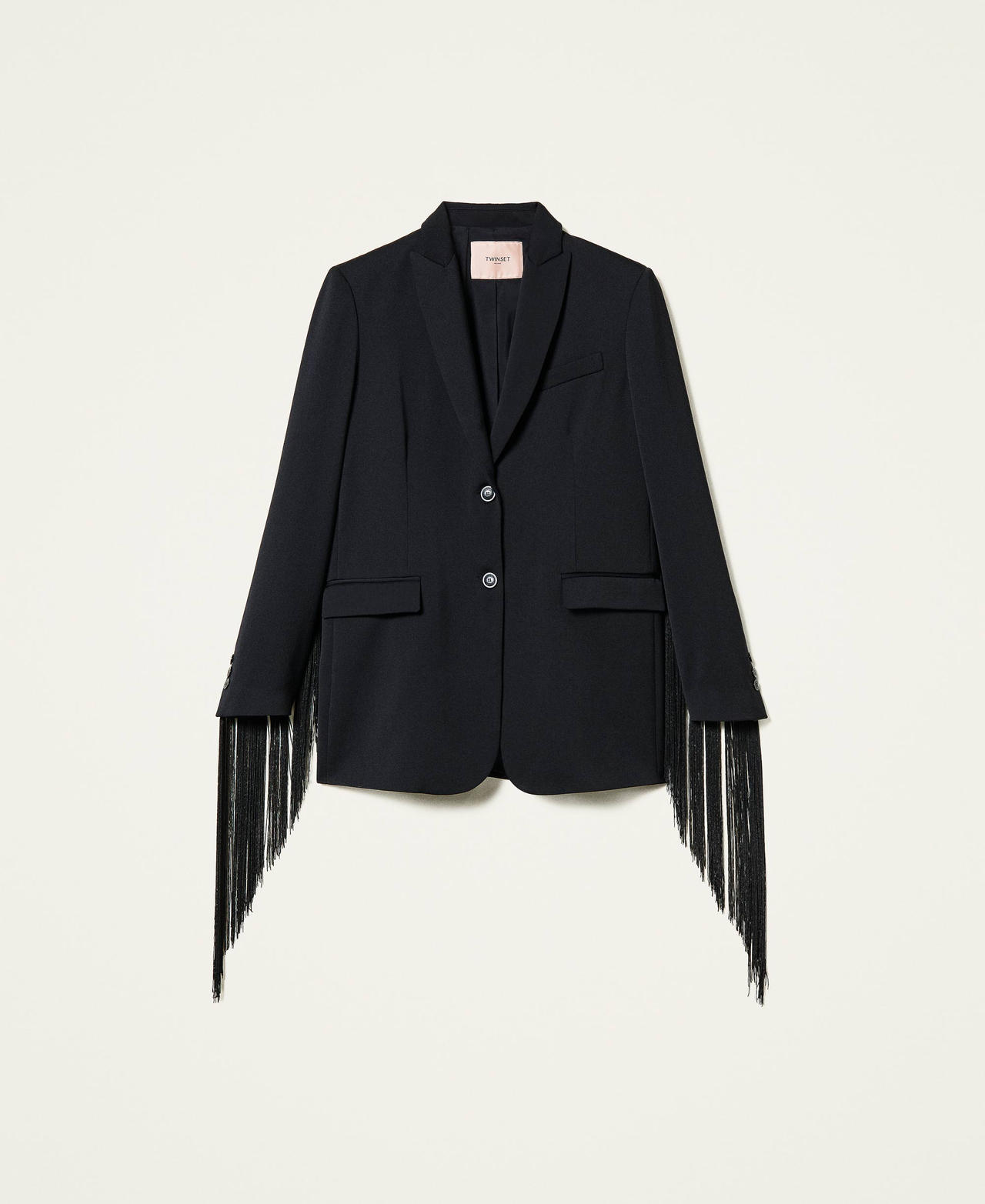 Wool blend satin jacket with fringes Black Woman 212TT2190-0S