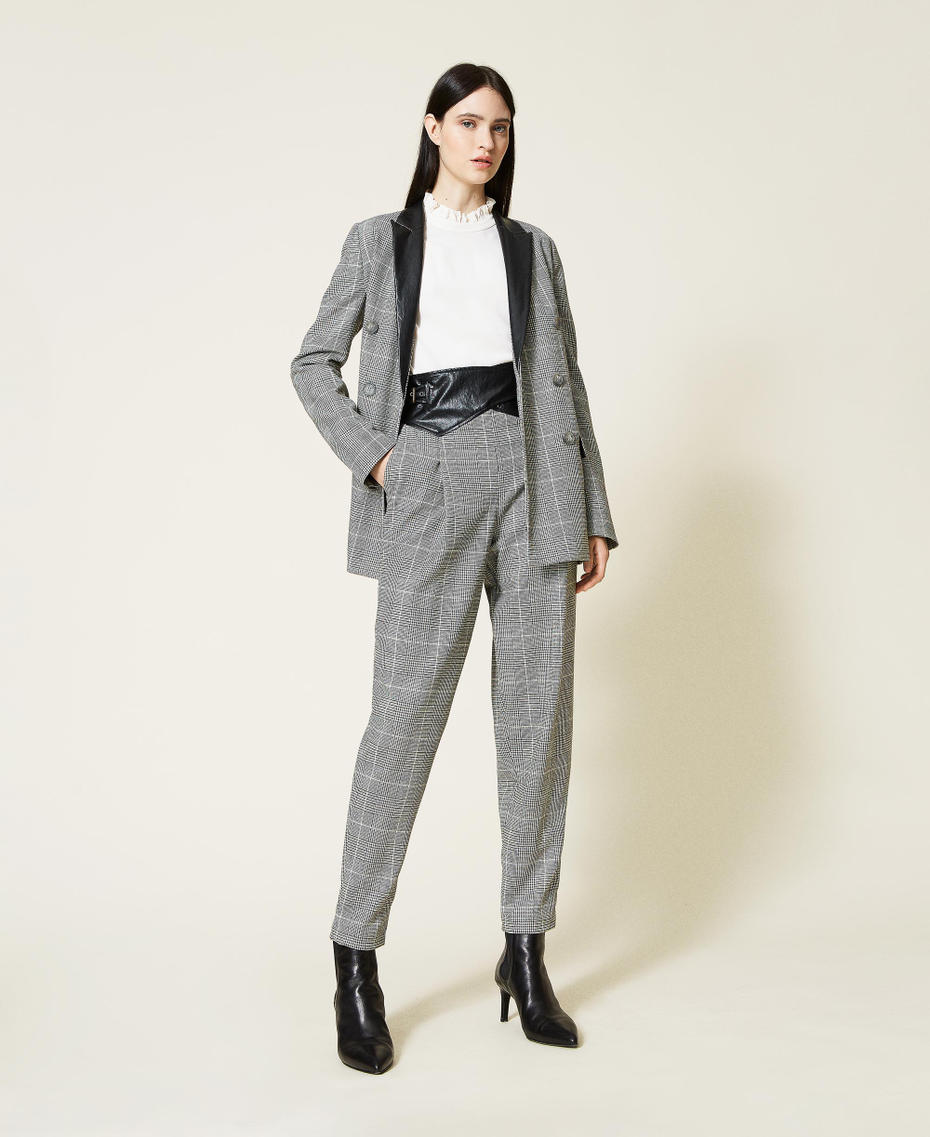 Wool blend Glen Plaid trousers with belt &ldquo;Snow&rdquo; White / Black Glen Plaid Woman 212TT2201-01