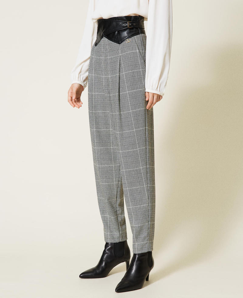 Wool blend Glen Plaid trousers with belt &ldquo;Snow&rdquo; White / Black Glen Plaid Woman 212TT2201-03