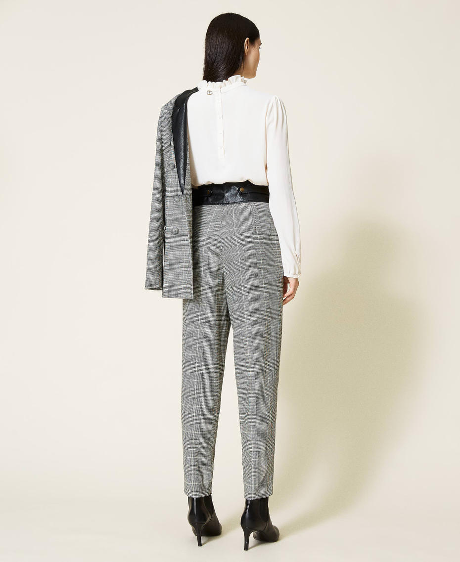 Wool blend Glen Plaid trousers with belt &ldquo;Snow&rdquo; White / Black Glen Plaid Woman 212TT2201-04