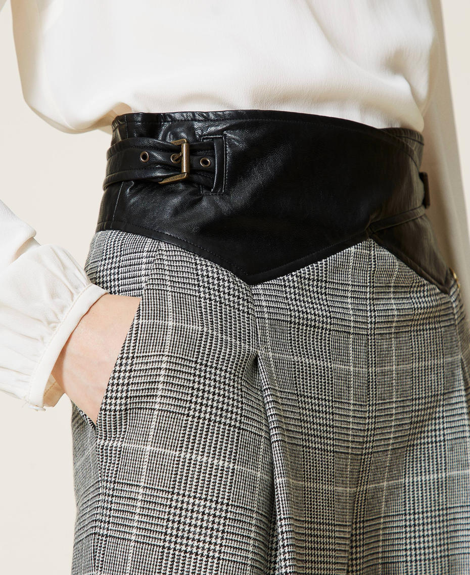 Wool blend Glen Plaid trousers with belt &ldquo;Snow&rdquo; White / Black Glen Plaid Woman 212TT2201-05