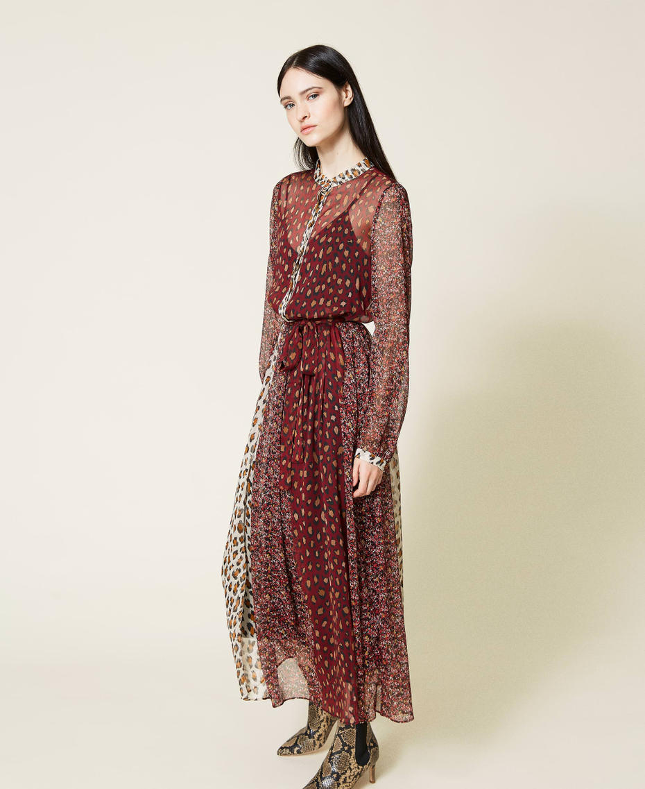 Maxikleid aus Krepon mit G&uuml;rtel Streifen-Blumen-Animalprint Frau 212TT2250-03
