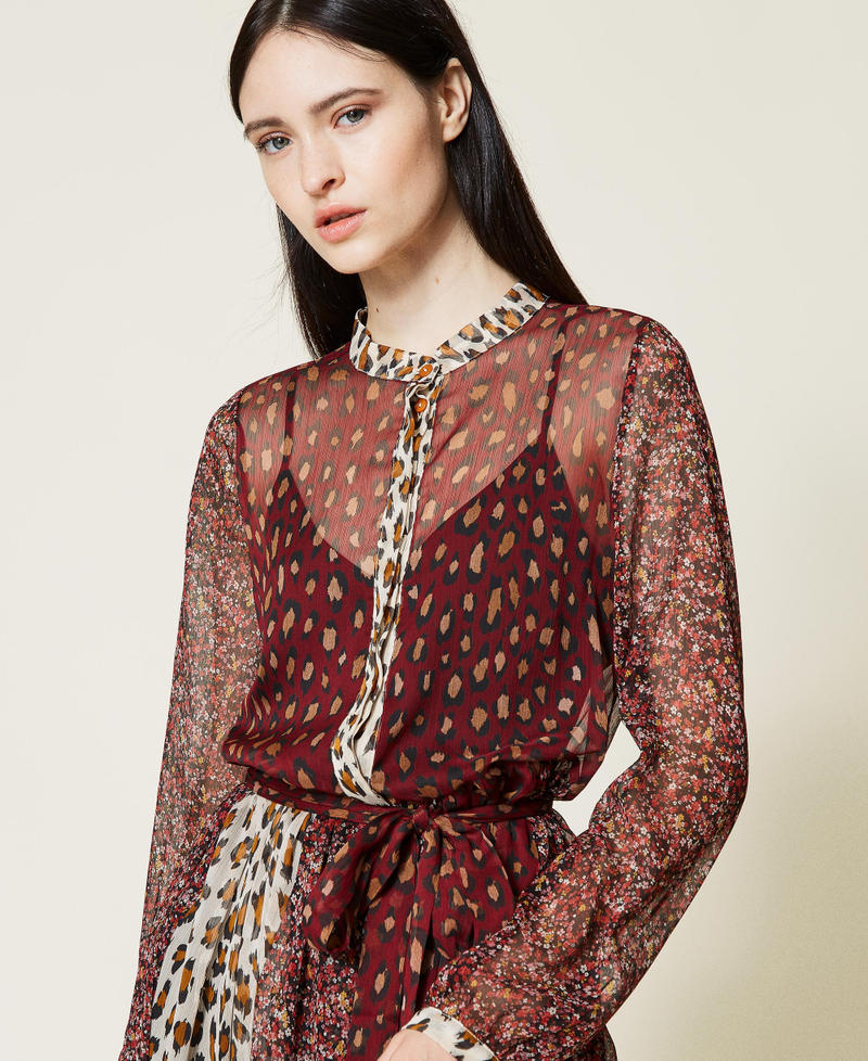 Maxikleid aus Krepon mit G&uuml;rtel Streifen-Blumen-Animalprint Frau 212TT2250-05