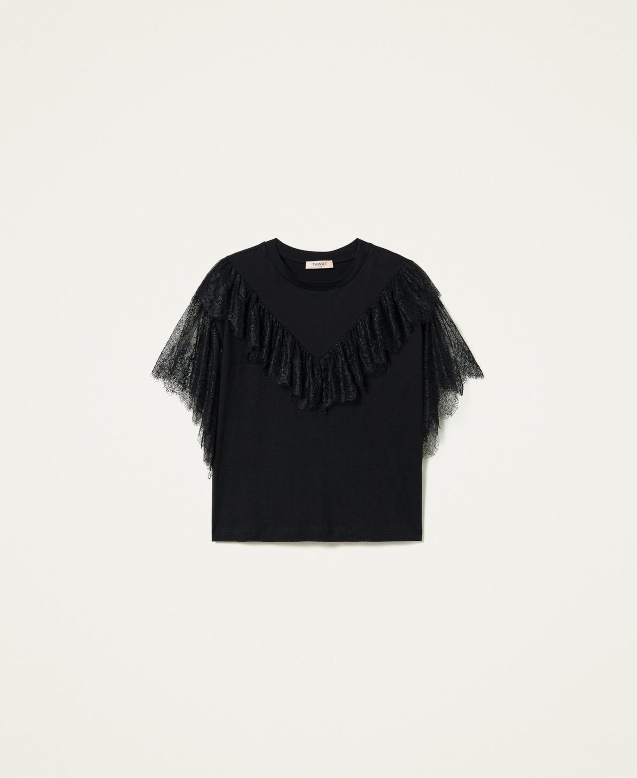 T-shirt with lace flounce Black Woman 212TT2280-0S
