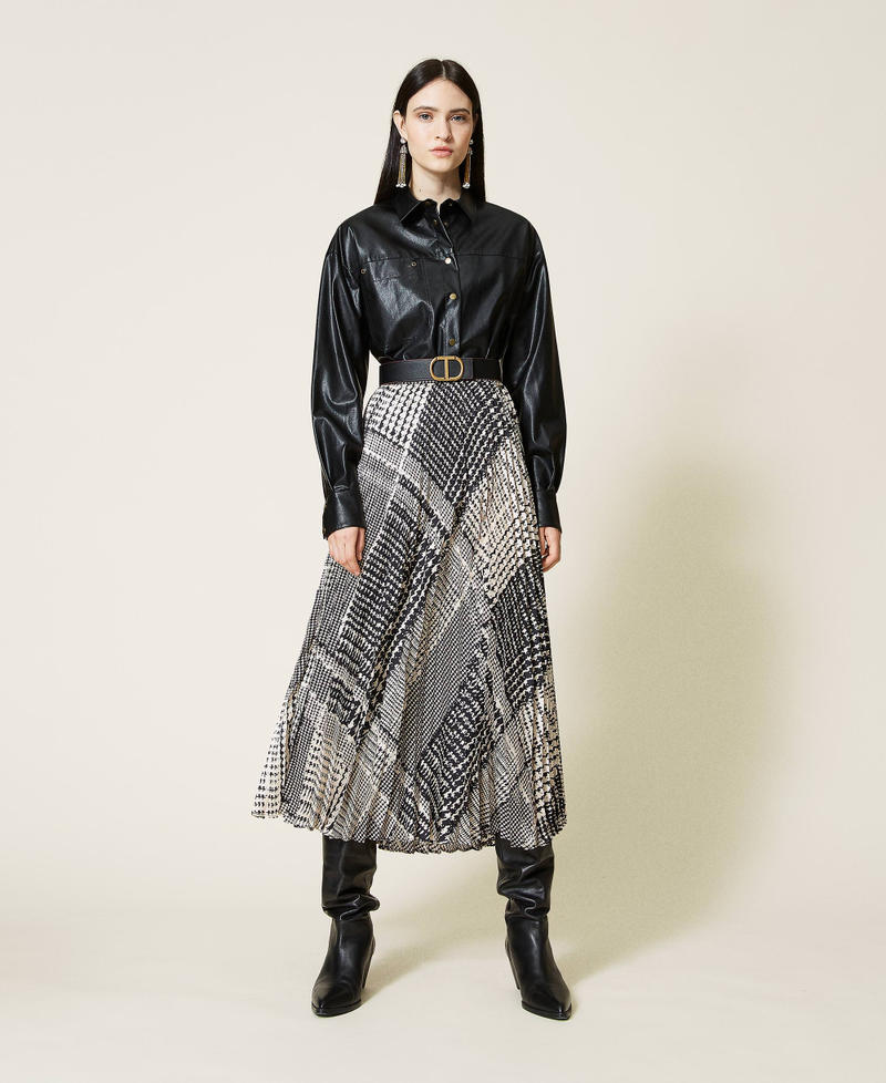 Long skirt with houndstooth print Two-tone Black / “Snow” White Check Print Woman 212TT2340-01