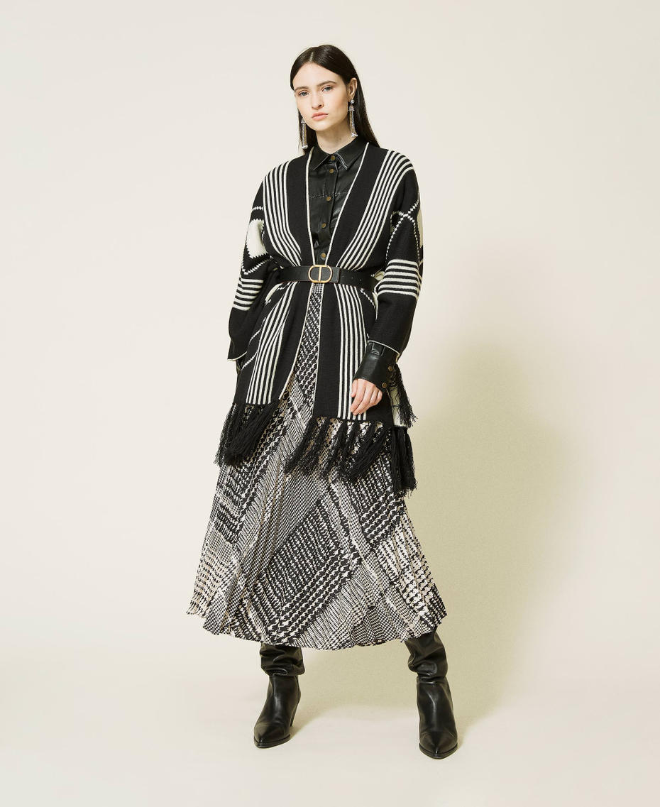 Long skirt with houndstooth print Two-tone Black / “Snow” White Check Print Woman 212TT2340-0T