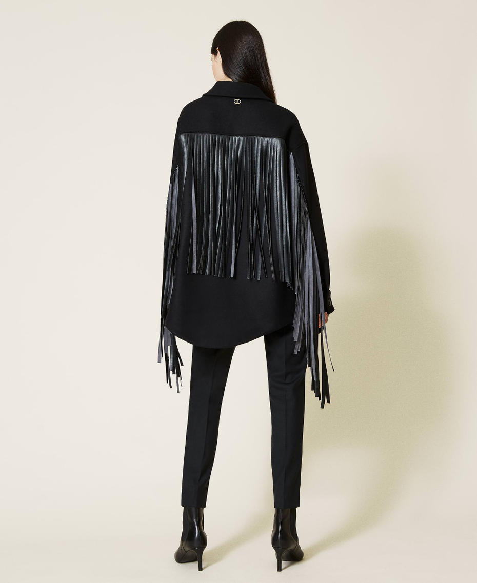 Wool cloth caban jacket with fringes Black Woman 212TT2370-03