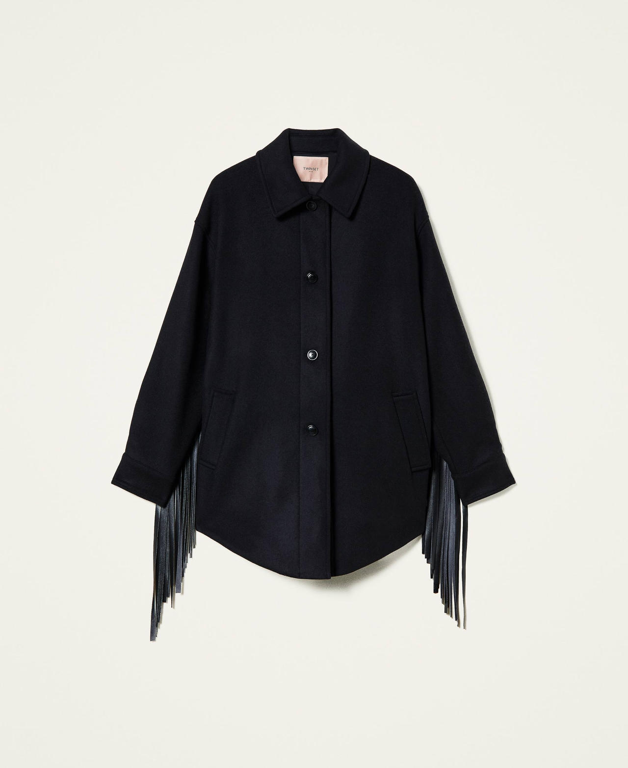 Wool cloth caban jacket with fringes Black Woman 212TT2370-0S