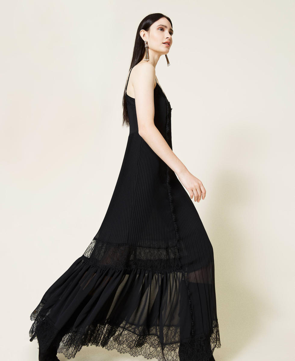 Robe longue en mousseline avec dentelle Femme Noir TWINSET Milano