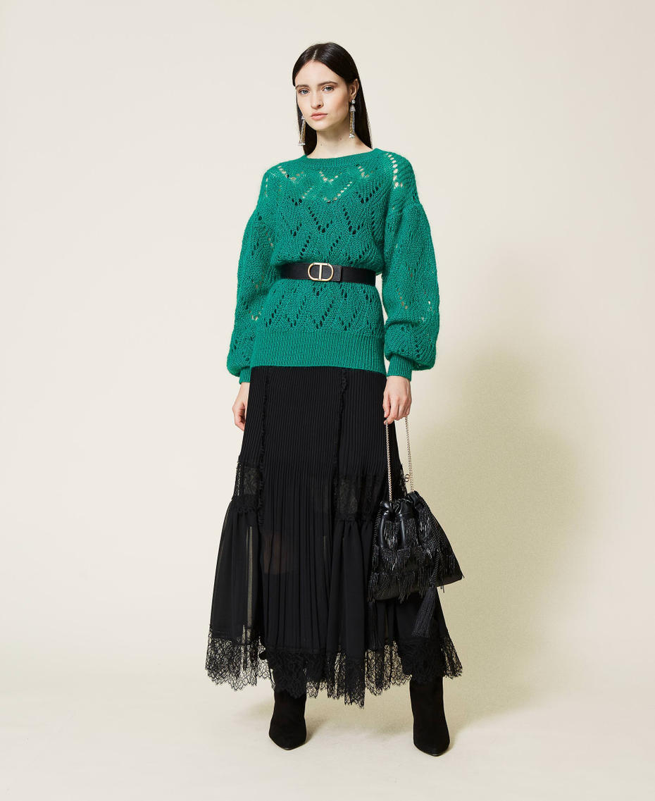 Long chiffon dress with lace Black Woman 212TT2391-0T