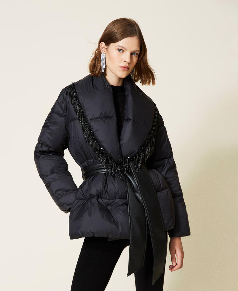 Puffer jacket with beads fringes Black Woman 212TT2451-01