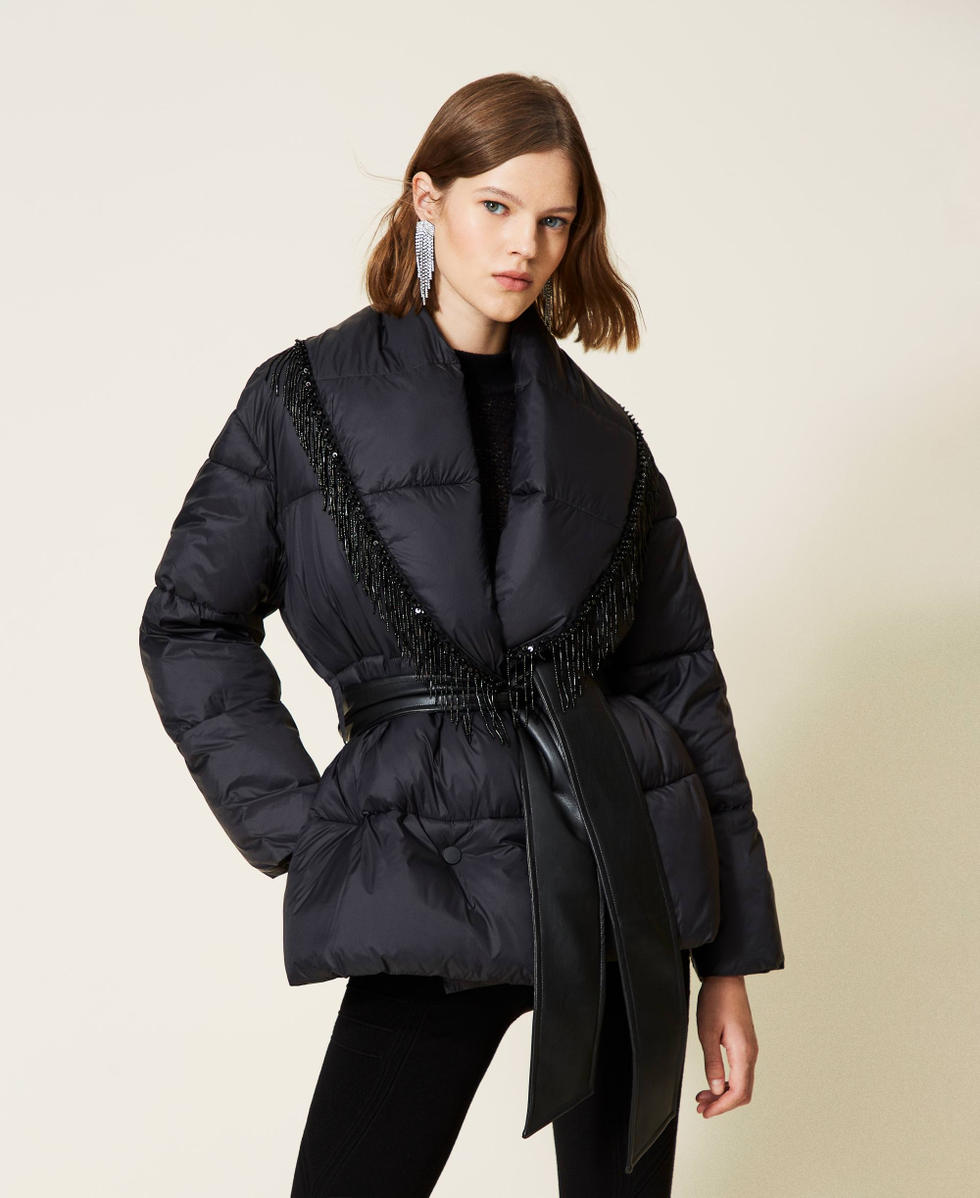 Doudoune avec franges en perles Noir Femme 212TT2451-01