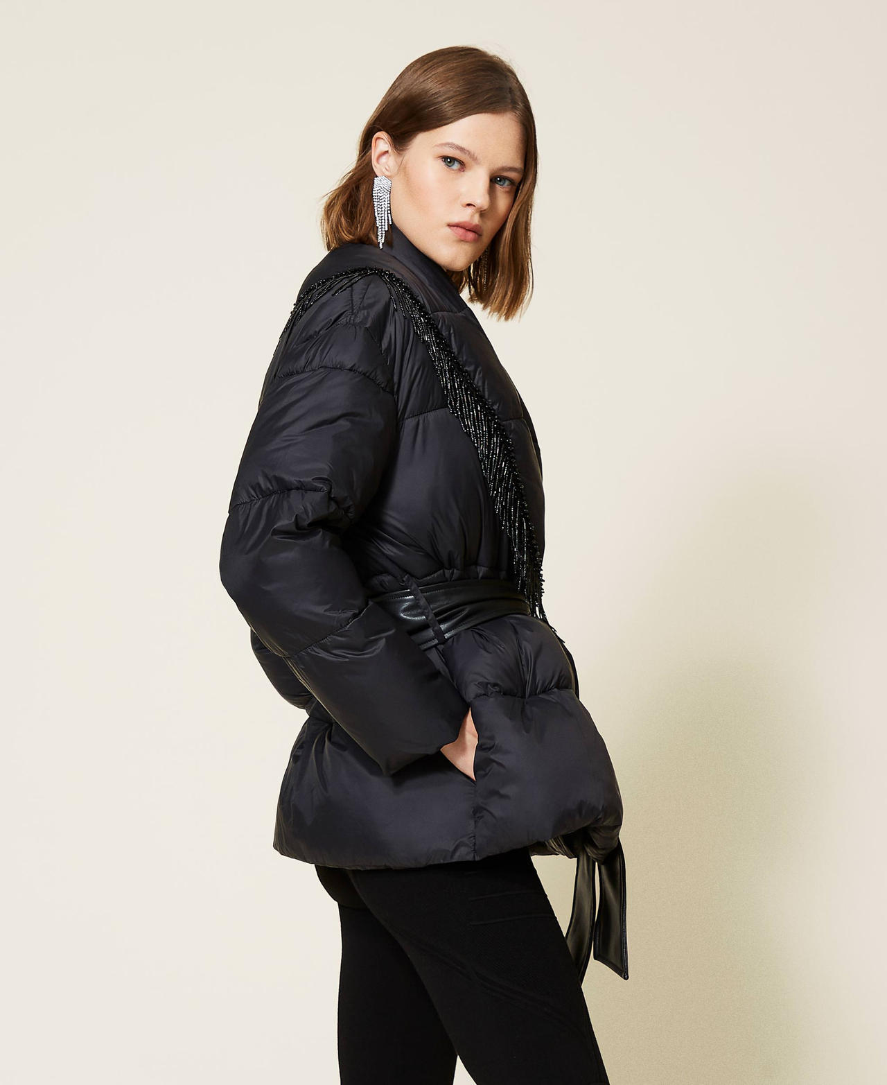 Puffer jacket with beads fringes Black Woman 212TT2451-02