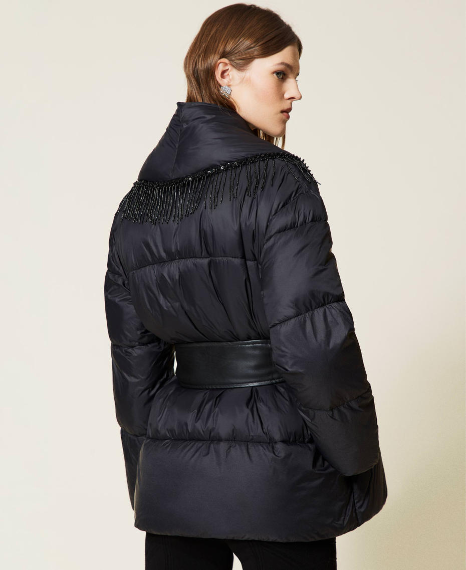 Puffer jacket with beads fringes Black Woman 212TT2451-03