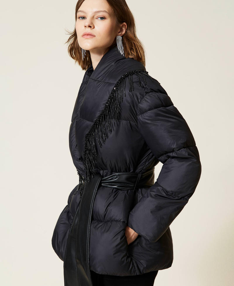 Puffer jacket with beads fringes Black Woman 212TT2451-04