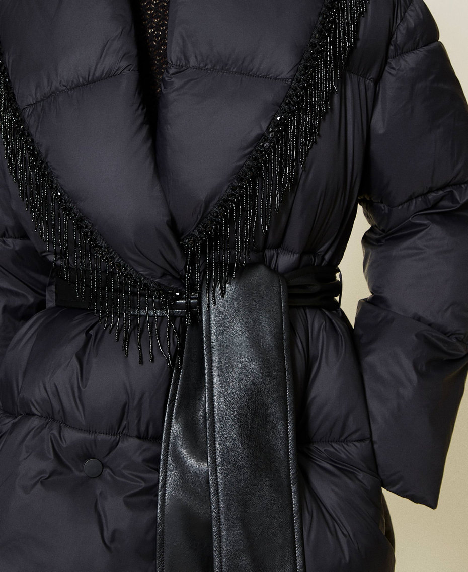 Puffer jacket with beads fringes Black Woman 212TT2451-05