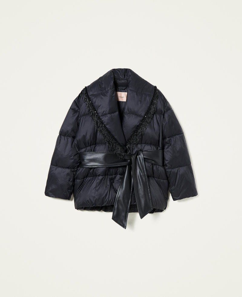Puffer jacket with beads fringes Black Woman 212TT2451-0S