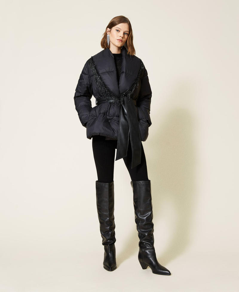 Puffer jacket with beads fringes Black Woman 212TT2451-0T