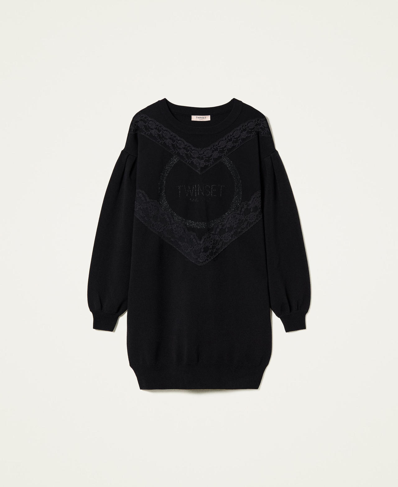 Strickkleid mit Spitze und Logo Schwarz Frau 212TT3041-0S