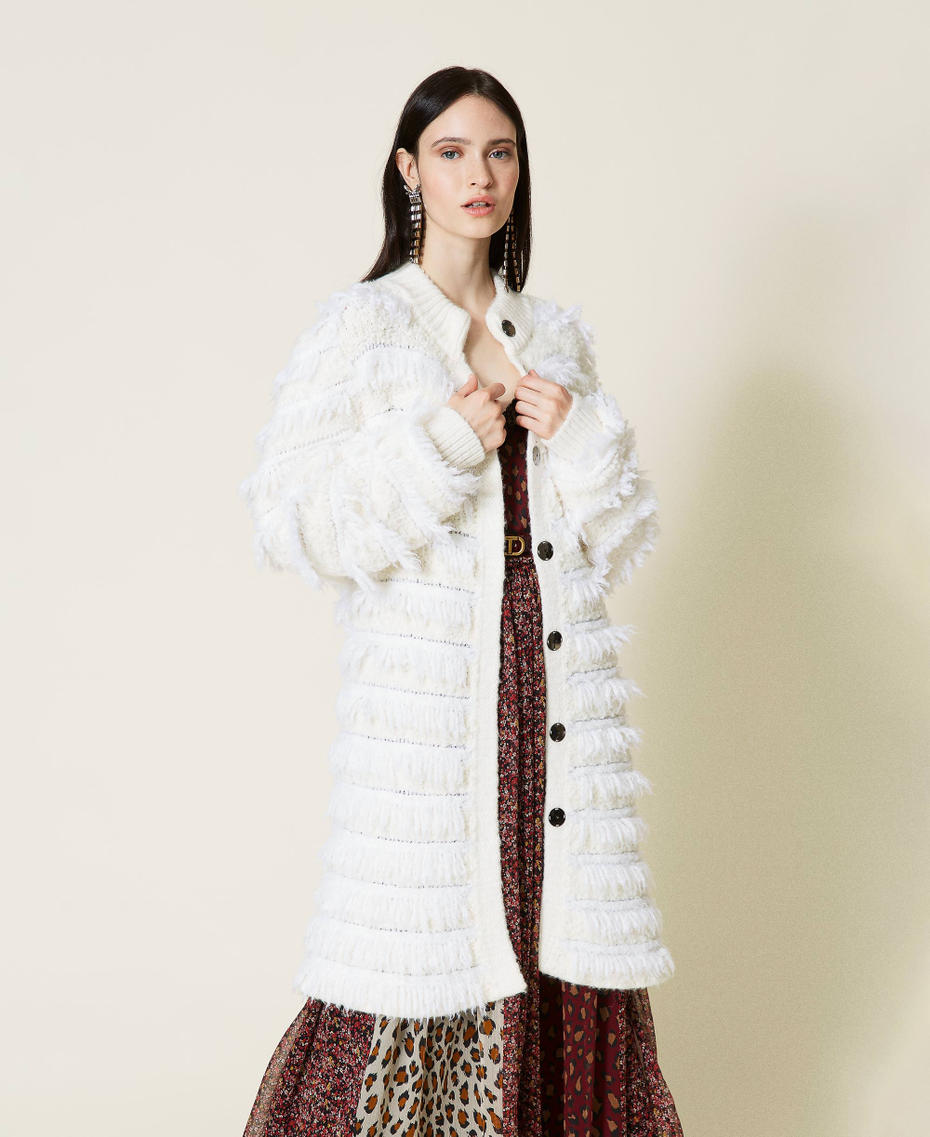 Mantel aus Wollmischung mit Fransen Weiß Schnee Frau 212TT3060-01