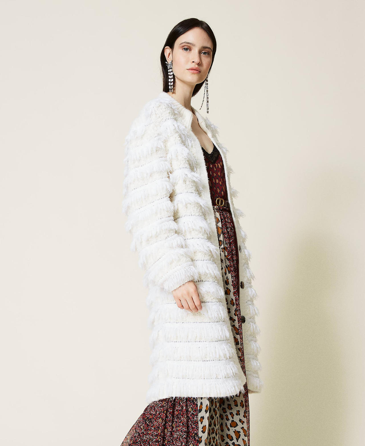 Mantel aus Wollmischung mit Fransen Weiß Schnee Frau 212TT3060-02