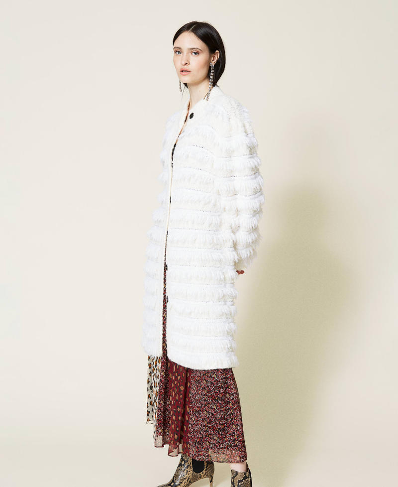 Mantel aus Wollmischung mit Fransen Weiß Schnee Frau 212TT3060-03