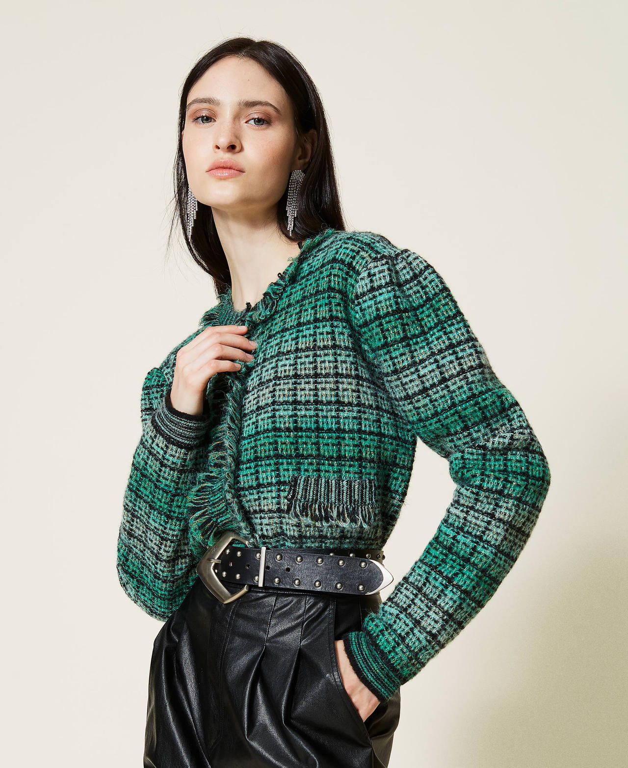 Giacca in misto alpaca jacquard check Jacquard Sfumato Verde "Pitone" Donna 212TT3101-02