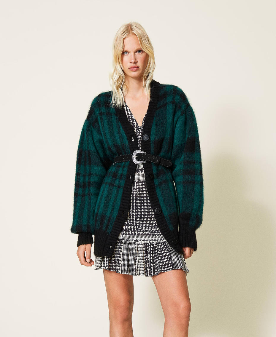 Mohair blend check cardigan Black / Dark Green Check Jacquard Woman 212TT3110-01