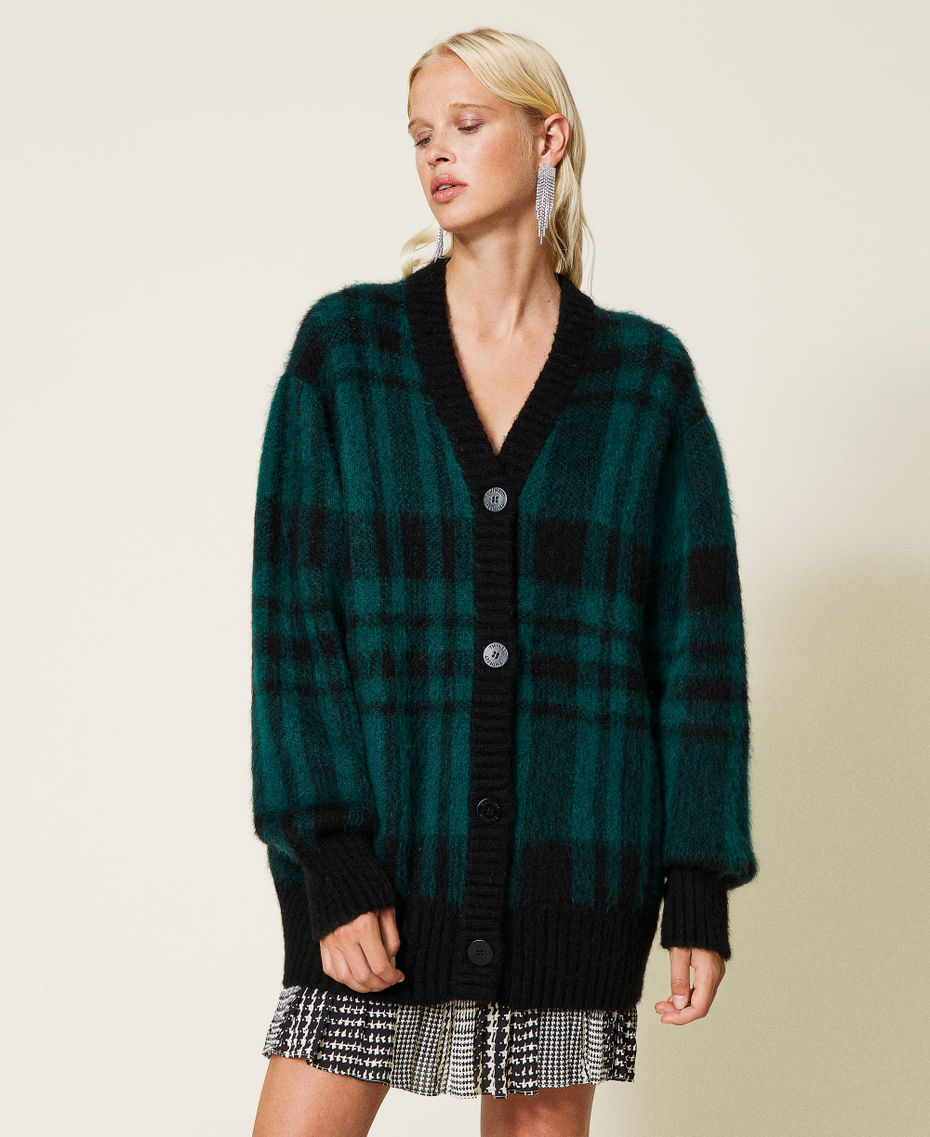 Mohair blend check cardigan Black / Dark Green Check Jacquard Woman 212TT3110-06