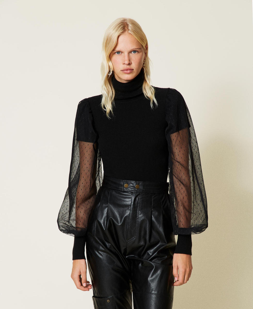 Maglia nera con maniche trasparenti clearance