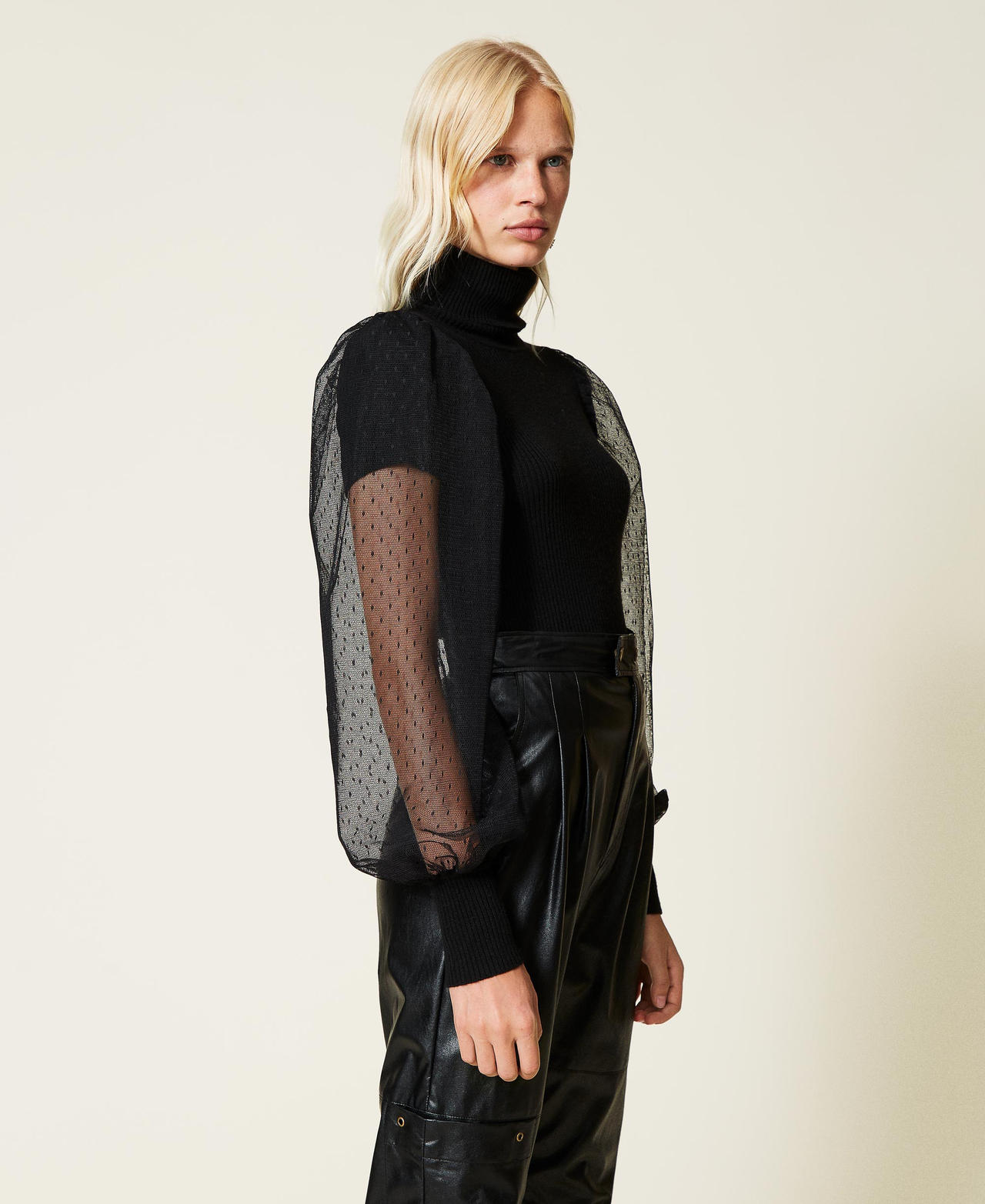 Turtleneck jumper with tulle sleeves Black Woman 212TT3171-02