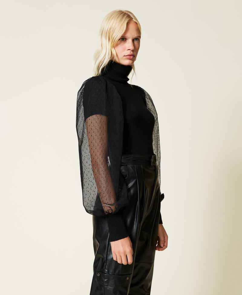 Turtleneck jumper with tulle sleeves Black Woman 212TT3171-02