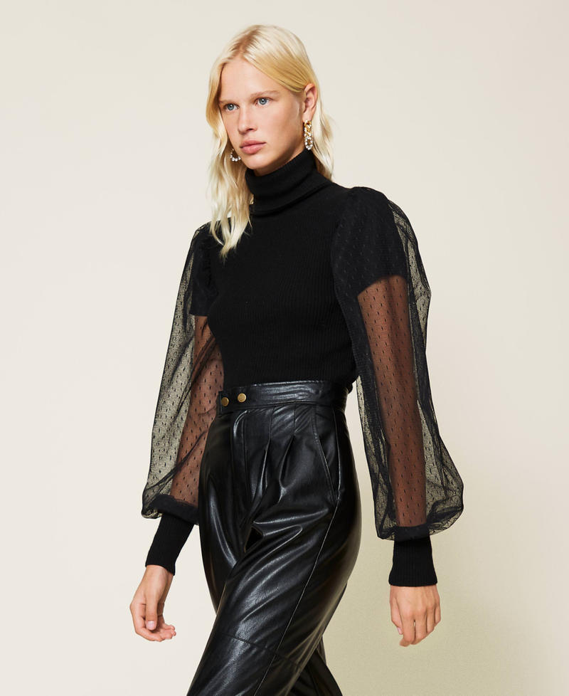 Turtleneck jumper with tulle sleeves Black Woman 212TT3171-04