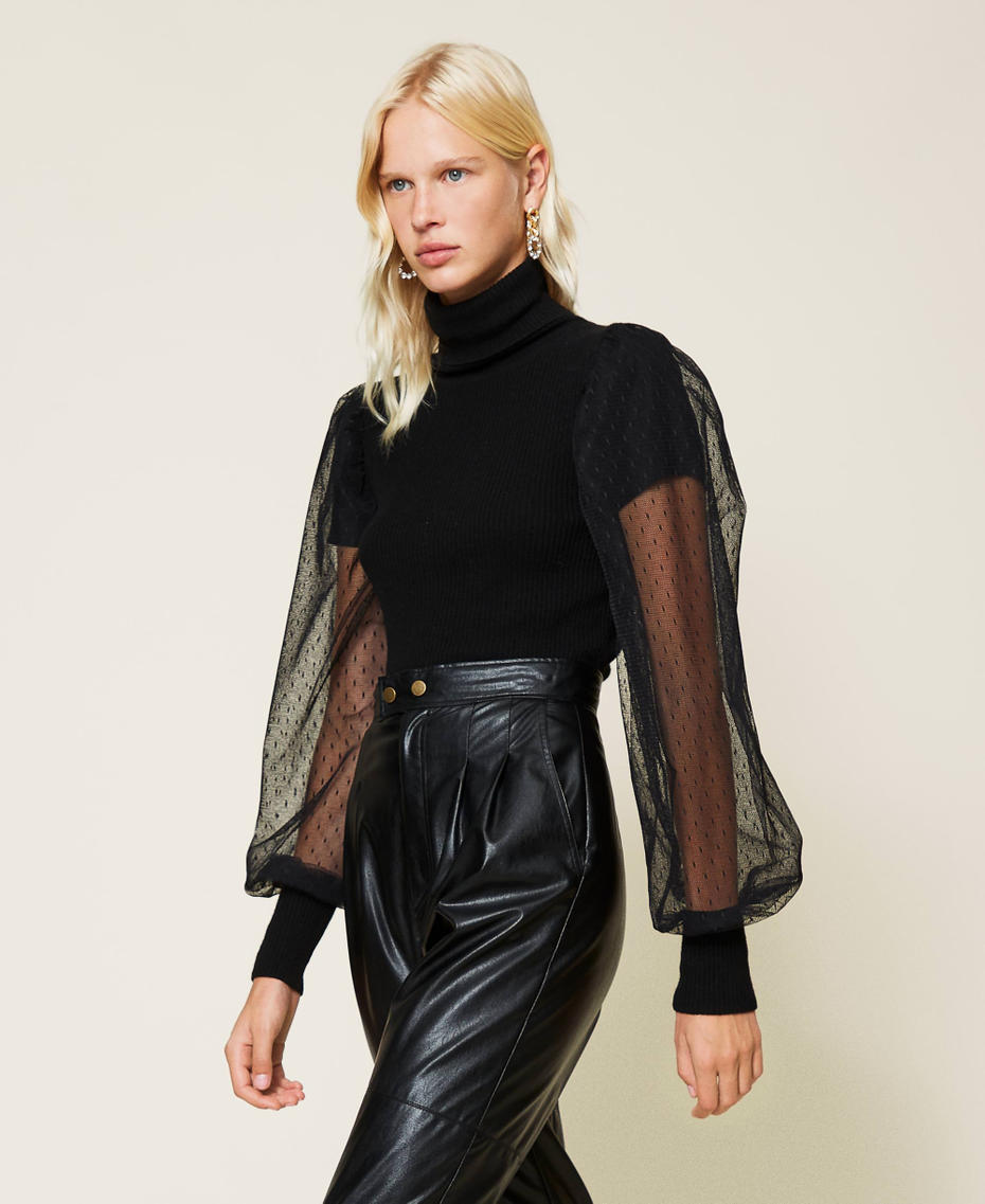 Turtleneck jumper with tulle sleeves Black Woman 212TT3171-04