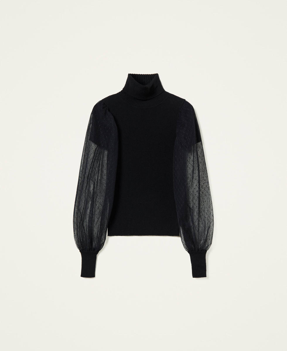 Turtleneck jumper with tulle sleeves Black Woman 212TT3171-0S