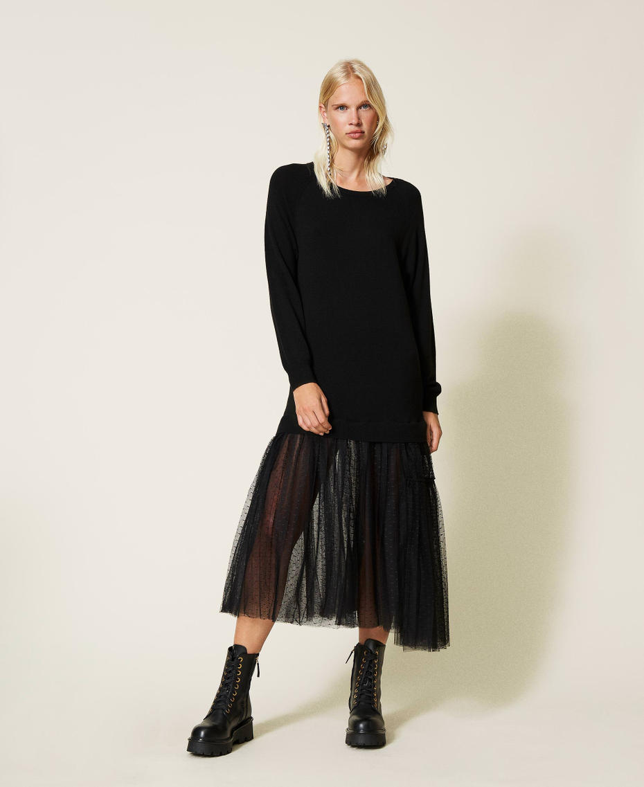 Long tulle and knit dress Black Woman 212TT3174-01