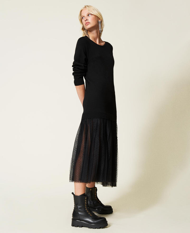 Long tulle and knit dress Black Woman 212TT3174-02