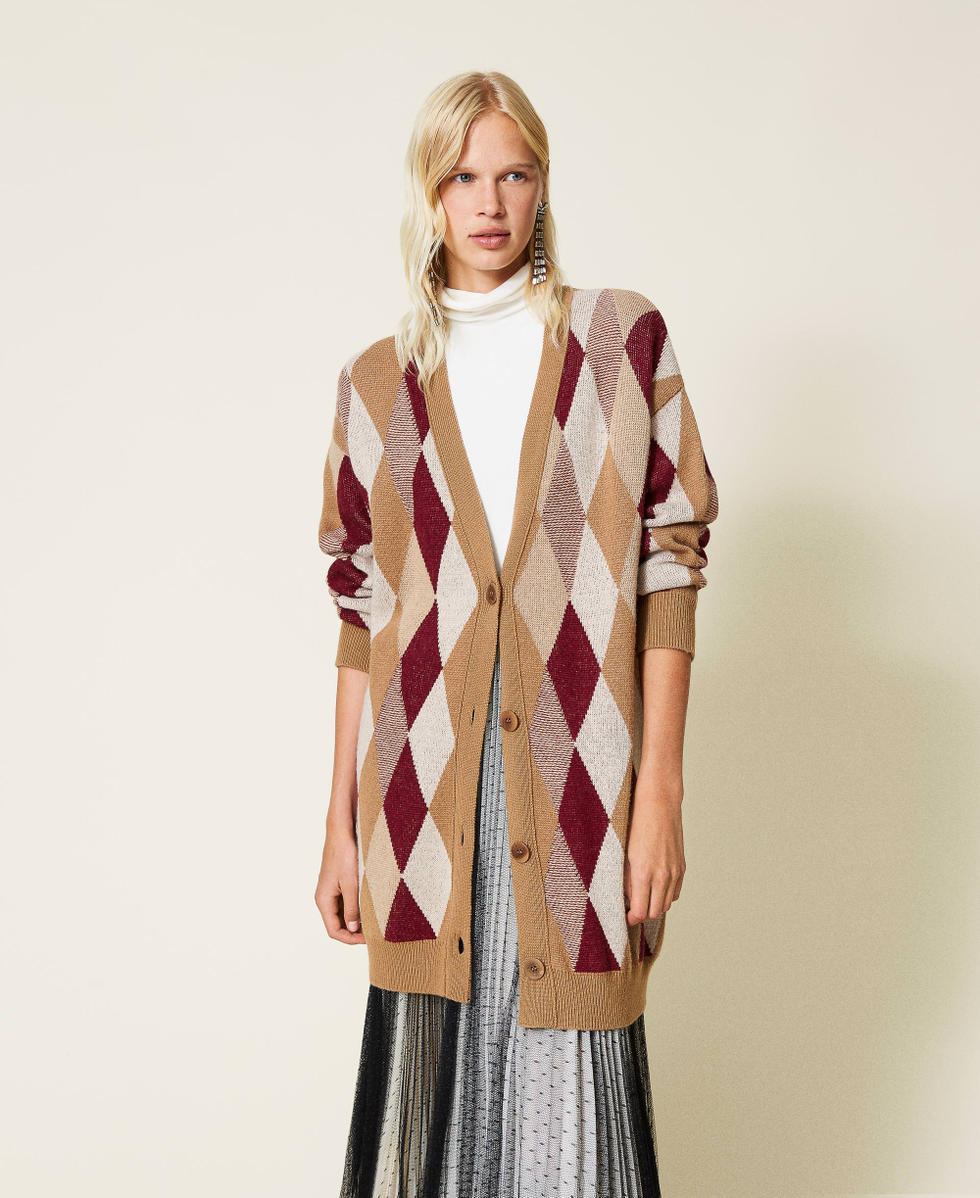 Maxi cardigan in misto lana jacquard Jacquard Multicolor Losanghe Marrone "Rum" Donna 212TT3210-01