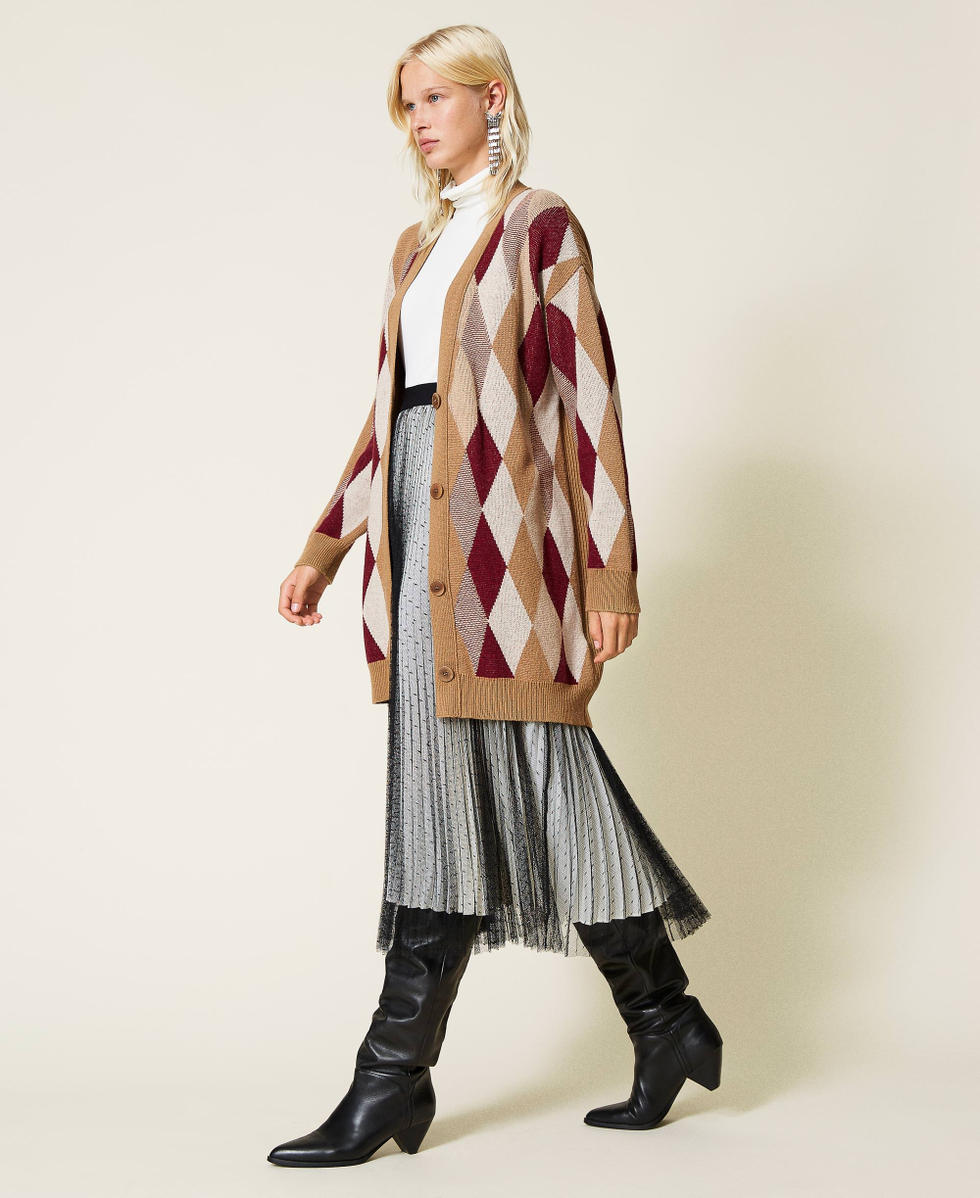Maxi cardigan in misto lana jacquard Jacquard Multicolor Losanghe Marrone "Rum" Donna 212TT3210-02