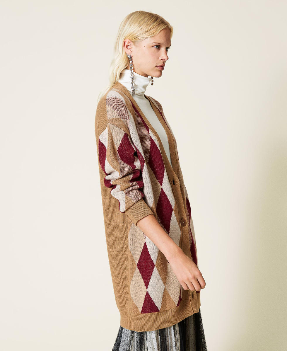 Maxi cardigan in misto lana jacquard Jacquard Multicolor Losanghe Marrone "Rum" Donna 212TT3210-03