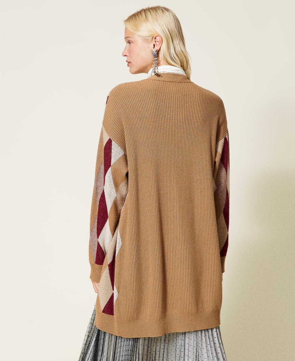 Maxi cardigan in misto lana jacquard Jacquard Multicolor Losanghe Marrone "Rum" Donna 212TT3210-04