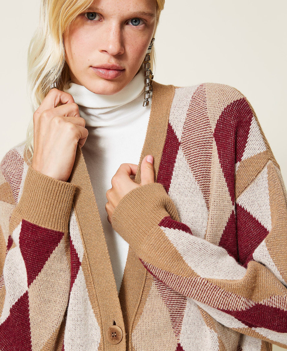 Maxi cardigan en laine mélangée jacquard Jacquard Multicolore Losanges Marron « Rhum » Femme 212TT3210-05