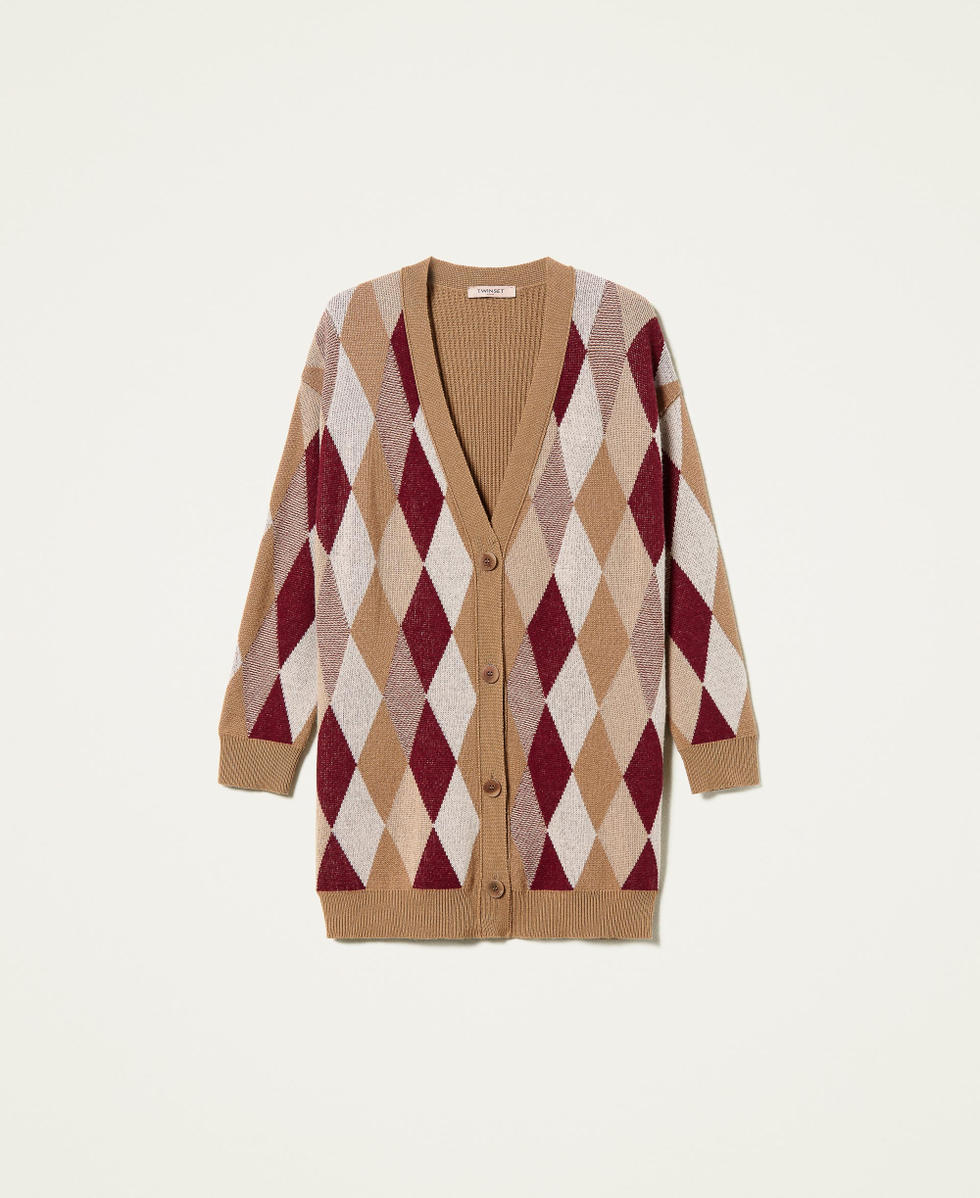 Maxi cardigan in misto lana jacquard Jacquard Multicolor Losanghe Marrone "Rum" Donna 212TT3210-0S