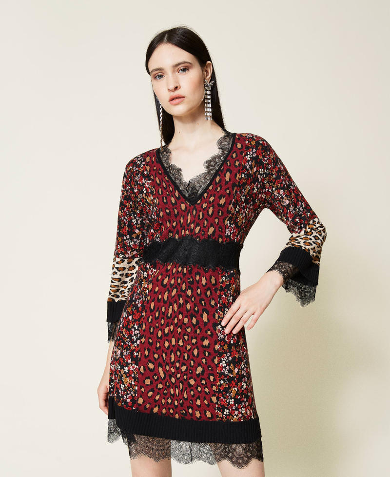 Printed knit dress with lace Striped Floral Animal Print Woman 212TT3241-01