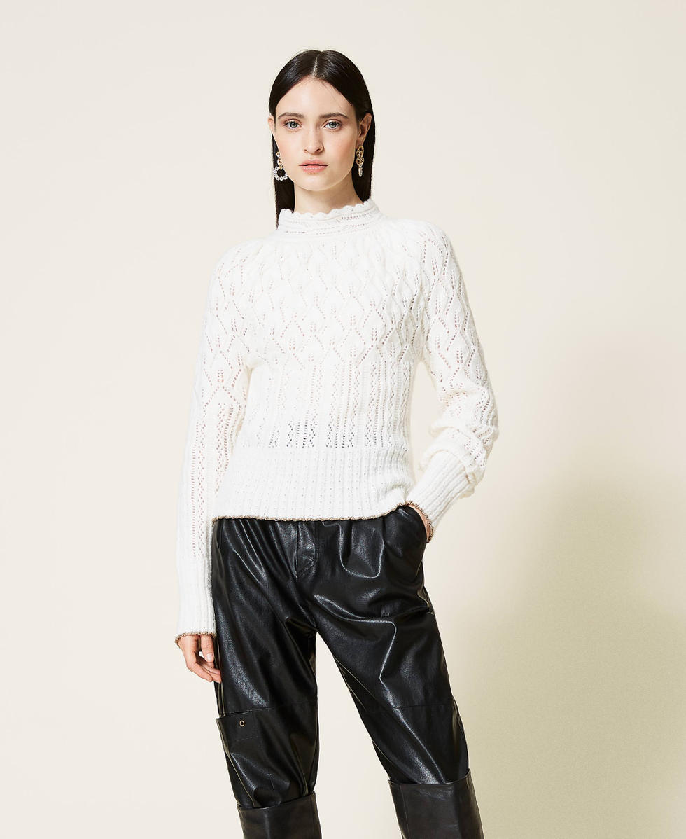 Pull ajour&eacute; en laine m&eacute;lang&eacute;e Blanc Neige Femme 212TT3280-01