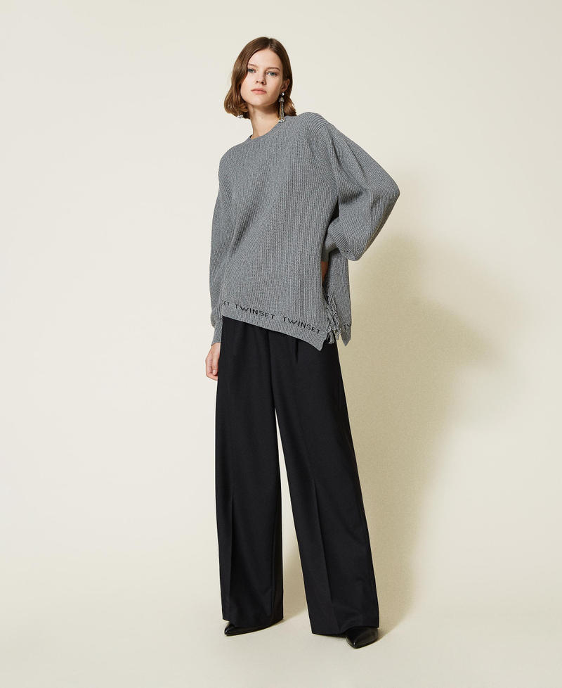 Wool blend ribbed maxi jumper with fringes Two-tone Medium Grey Marl / Black Woman 212TT3301-01