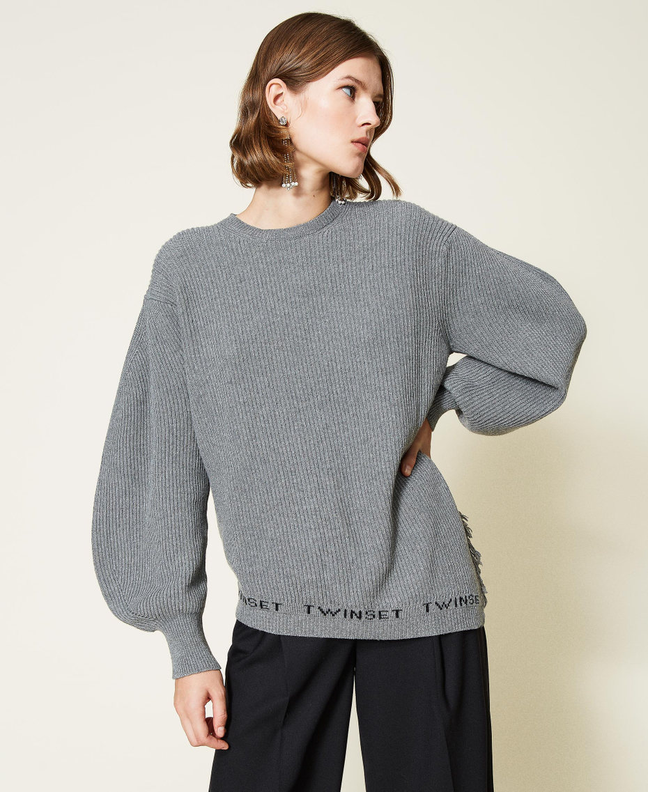 Wool blend ribbed maxi jumper with fringes Two-tone Medium Grey Marl / Black Woman 212TT3301-03