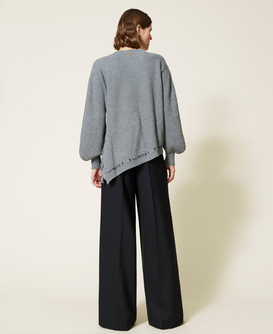 Wool blend ribbed maxi jumper with fringes Two-tone Medium Grey Marl / Black Woman 212TT3301-04