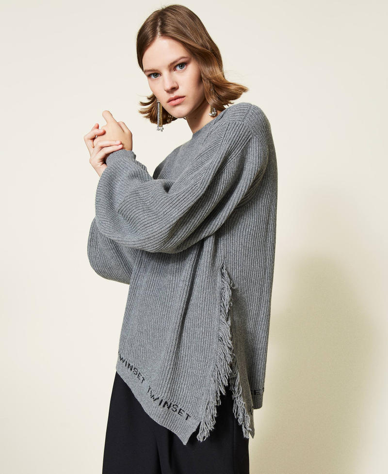 Wool blend ribbed maxi jumper with fringes Two-tone Medium Grey Marl / Black Woman 212TT3301-05