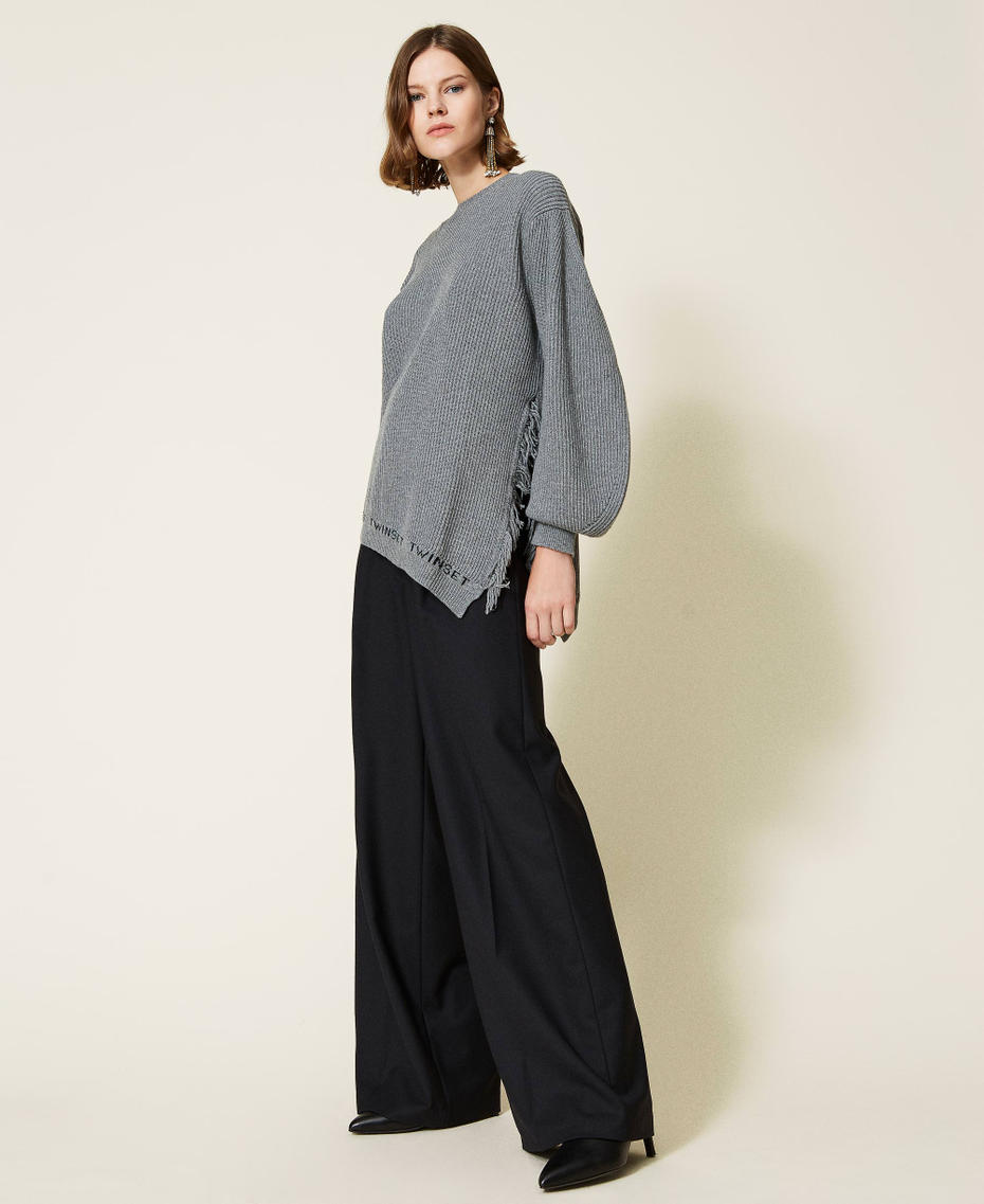 Wool blend ribbed maxi jumper with fringes Two-tone Medium Grey Marl / Black Woman 212TT3301-06